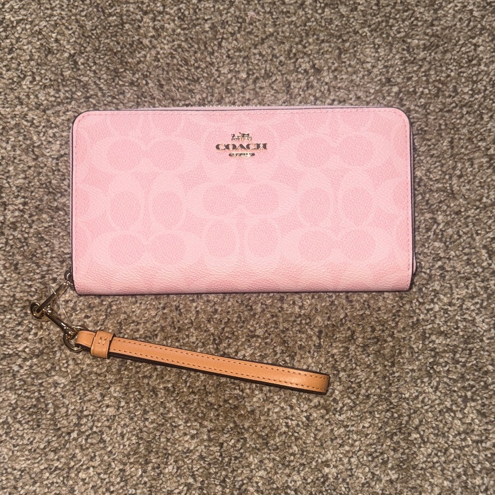 Coach powder Pink Long Zip Around Wallet with Tan Strap
